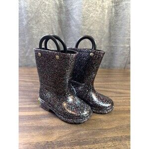 Western Chief Kids Glitter Rain Boots Handles Black/pink Sparkle Waterproof Sz 5